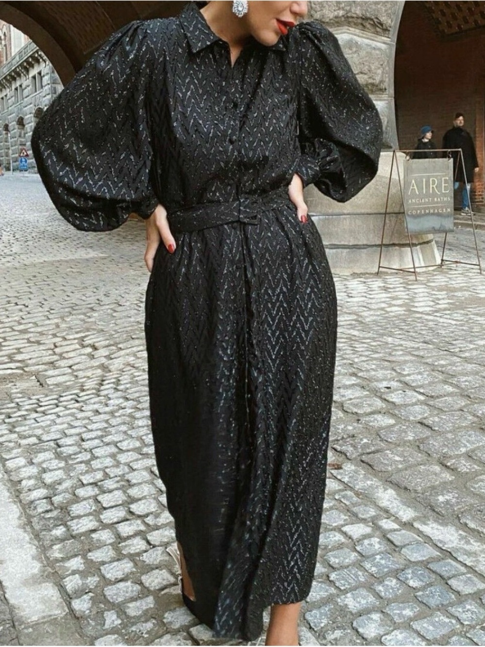 Zara Black Textured Long Sleeve Maxi Dress with Tie Waist